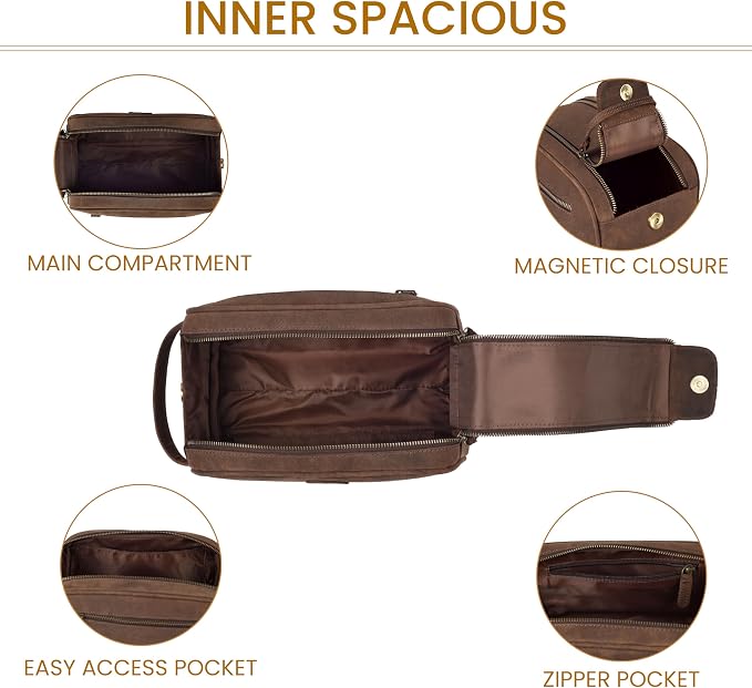 Leather Toiletry Travel Bag with Waterproof Lining, Large Capacity Vintage Dopp Kit, Shaving & Cosmetic Organizer for Men & Women - Brown - Image 4