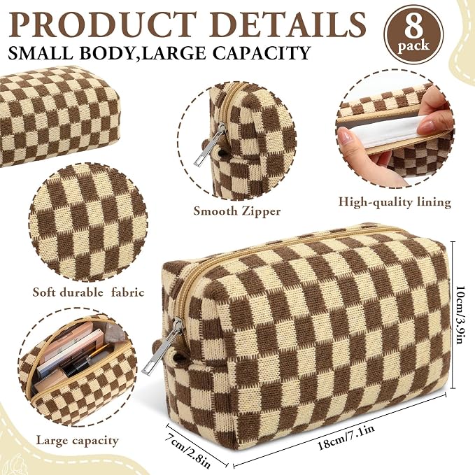 Gilprop 8 Pcs Checkered Makeup Bag for Purse Small Cosmetic Pouch Bulk Portable Zipper Makeup Pouch Travel Toiletry Organizer Gifts for Women Bridesmaid Wedding Party Favors (Brown) - Image 2