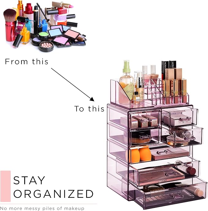 Sorbus Acrylic Makeup Organizer Set, 7-Drawer Vanity & Countertop Cosmetic Storage with Small & Wide Compartments, Purple Makeup Storage for Brushes, Jewelry – Holiday Gift for Women & Teens - Image 7