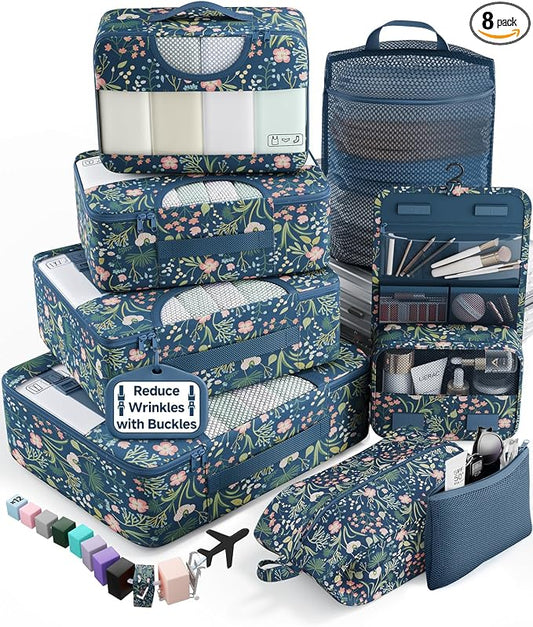 Veken 8 Set Packing Cubes for Travel Essentials,Anti-Wrinkle Buckled Suitcase Organizer for Shoe & Toiletry Bag,Carry On Luggage Bag with 99+ Count Mesh Holes for Airplane & College Dorm Accessories by Veken