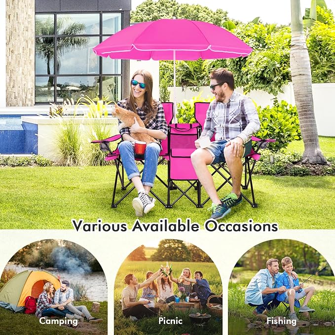 Goplus Double Camping Chair with Umbrella, Folding Loveseat Chairs w/Canopy Shade, Carrying Bag, Table, Cup Holder, Portable Beach Chairs Outdoor Picnic Patio (Pink) - Image 9