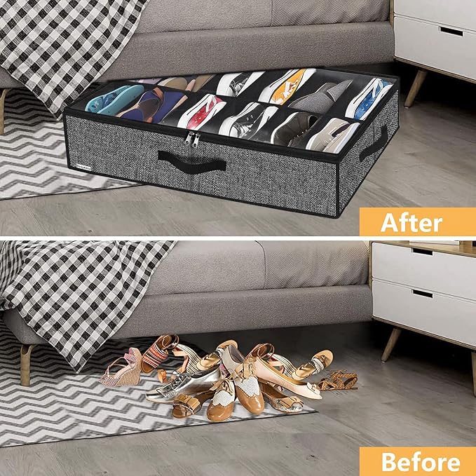 Onlyeasy Sturdy Under Bed Shoe Storage Organizer, Set of 2, Fit 12 to 24 Pairs, Underbed Shoes Closet Storage Solution with Clear Window, Breathable, L29.3 x W23.6 x H5.9, Linen-like Black, MXAUBSB2P - Image 3