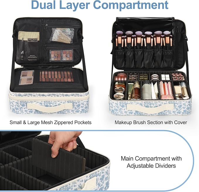 Relavel Makeup Case Large Makeup Bag Professional Train Case Travel Cosmetic Organizer Brush Holder Waterproof Makeup Artist Storage Box, 3 Layer Large Capacity, with Adjustable Strap, Floral Print - Image 3