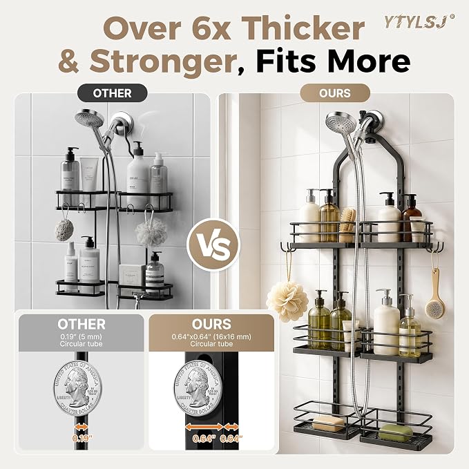 3-Tier Hanging Shower Caddy for Handheld Showerhead, Heavy-Duty Stainless Steel with Dual-Rotating Clamp, Matte Black - Image 5