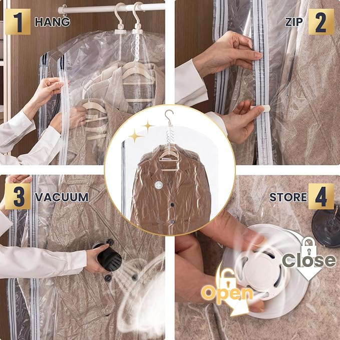 TAILI Hanging Vacuum Sealer Suction Space Saver Storage Bags for Clothes Travel with Electric Air Pump And Rolling Slide Clip for Coats, Closet Organizers, 3 Long 3 Short - Image 4