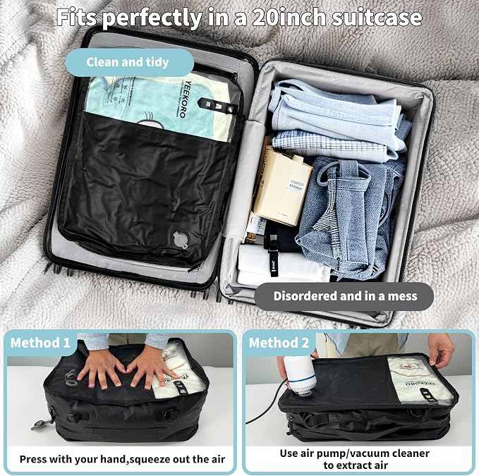 Compression Packing Cubes, Vacuum Bags for Business Trip, Professional IPX8 Reusable Travel Packing Cubes for 20 inch Suitcases, Organizer Bags for Luggage for Women & Men(2 pack, with Pump) - Image 3
