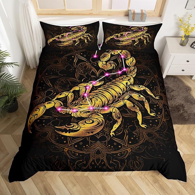 Golden Scorpion Duvet Cover Twin Size Exotic Tribal Retro Theme Luxury Bedding Set for Adult Women Men Gothic Style Comforter Cover Set with Zipper Ties Black Gold Mandala Decor Vintage Quilt Set by Erosebridal