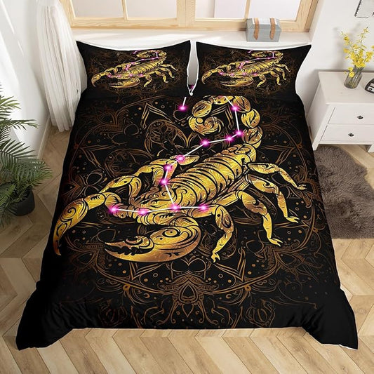 Golden Scorpion Duvet Cover Queen Size Exotic Tribal Retro Theme Luxury Bedding Set for Adult Women Men Gothic Style Comforter Cover Set with Zipper Ties Black Gold Mandala Decor Vintage Quilt Set by Erosebridal