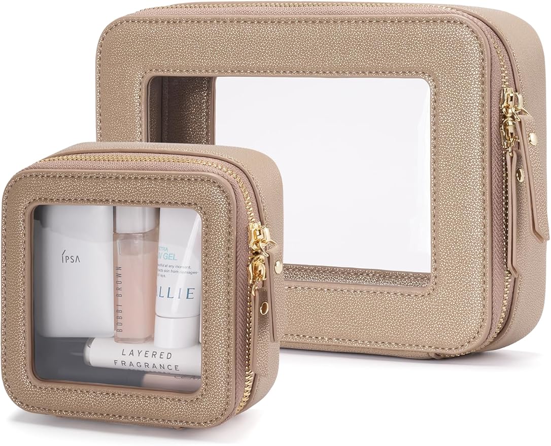 Popvibe Clear Makeup Case Toiletry Bag Travel Medium Clear Cosmetic Bag with Zipper, Make Up Bag Organizer Traveling TSA Approved Transparent Bag Car for Essentials, Mini & Medium, Gold by POPVIBE