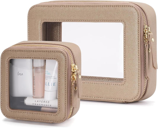 Popvibe Clear Makeup Case Toiletry Bag Travel Medium Clear Cosmetic Bag with Zipper, Make Up Bag Organizer Traveling TSA Approved Transparent Bag Car for Essentials, Mini & Medium, Gold by POPVIBE