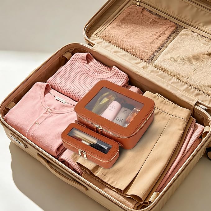 Clear Travel Makeup Bag, Brown, L+Slim | With Brush Bag, Transparent, Waterproof, With Zipper - Image 6