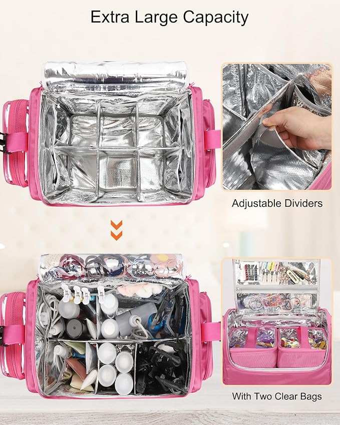 Relavel Rolling Makeup Train Case, Hairstylist Traveling Bag with 4 Wheels, Heat Insulation Full Layer, Adjustable Dividers, Hair Tools and Cosmetics Storage Organizer Trolley Suitcase, Rose Pink - Image 3