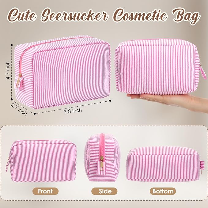 Sanwuta 10 Pcs Seersucker Cosmetic Bag Seersucker Makeup Bag Women Stripe Large Travel Toiletry Organizer Preppy Storage Pouch for Embroidery Wedding Bridesmaid Bride Mom (Pink) - Image 2