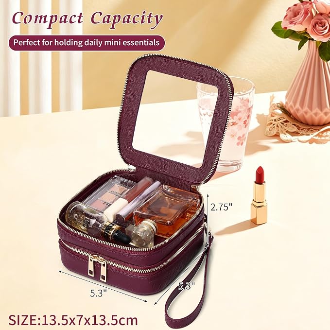 Pinkmik Double Layer Makeup Bag Small Clear Makeup Pouch Mini Travel Cosmetic & Toiletry Bag Purse Organizer and Car Essentials for Women (X/Burgundy, 2-Layer MINI) - Image 4