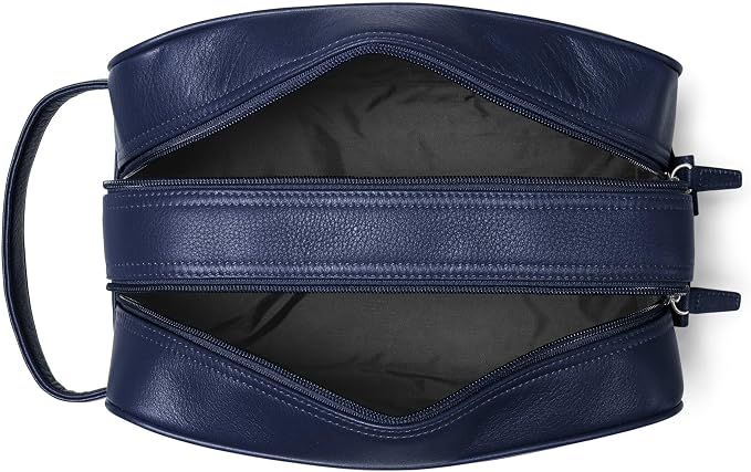 Leatherology Navy Blue Double Zip Toiletry Bag – Full-Grain Leather Men's Dopp Kit with Dual Compartments, Water-Resistant Lining & Top-Stitched Handle - Image 3