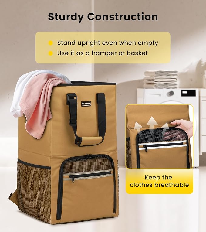 Vorspack Laundry Bag Backpack - Extra Large Laundry Bags with Shoulder Straps Heavy-duty 2 in 1 Laundry Hamper Basket for College Dorm Camp Laundromat Room Essentials - Khaki - Image 4