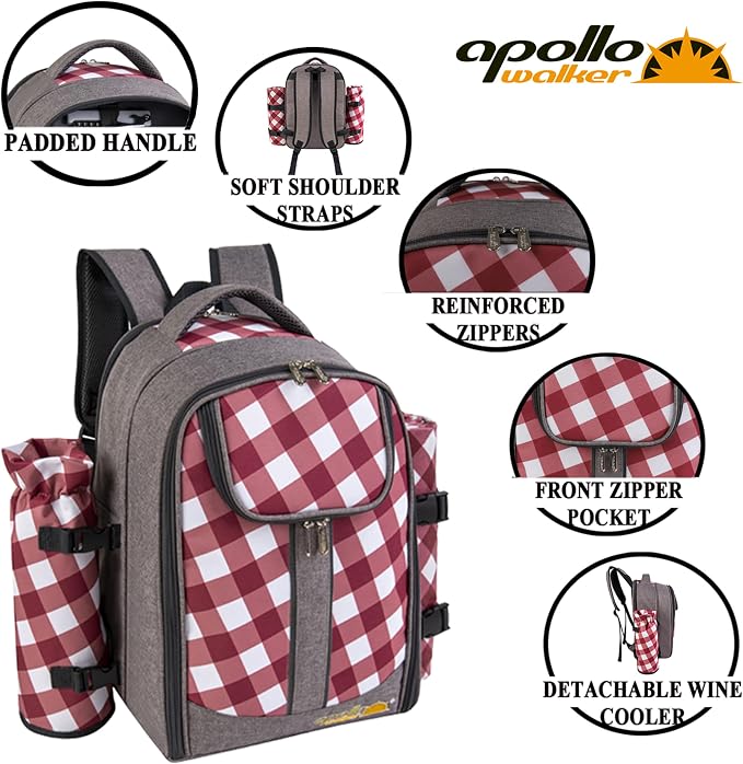 apollo walker Picnic Backpack Bag with Cooler Compartment, Detachable Bottle/Wine Holder, Fleece Blanket, Plates and Cutlery Set (2 Person, Gray) - Image 4