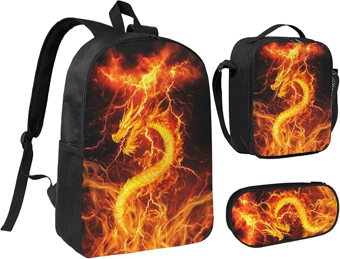 Dragon Kid Backpack Set with Lunch Bag & Pencil Case Large Capacity School Bag 17 Inch Bookbag for Boy Girl by thmnj
