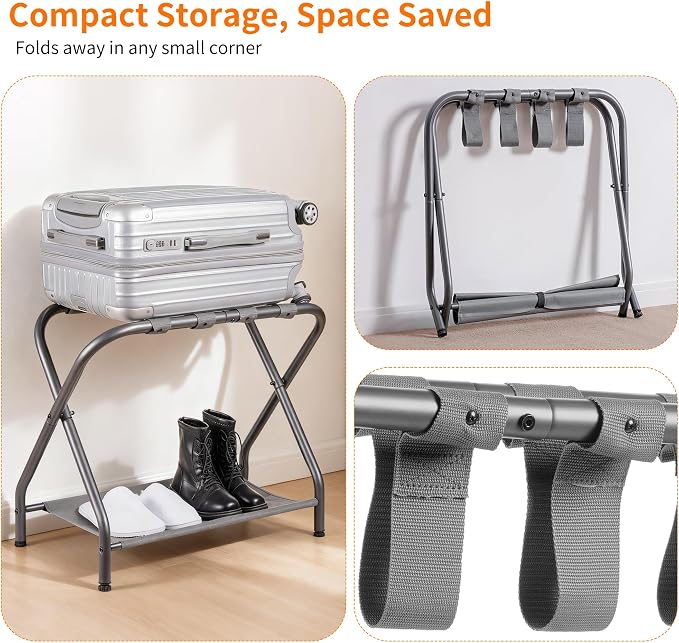 Heybly Luggage Rack for Guest Room, Pack of 2, Steel Folding Suitcase Stand with Storage Shelf for Bedroom, Hotel, Foldable Steel Frame, Guest Room, 26.2" L x 14.4" W x 20.5" H, Gray HLR004G2 - Image 5