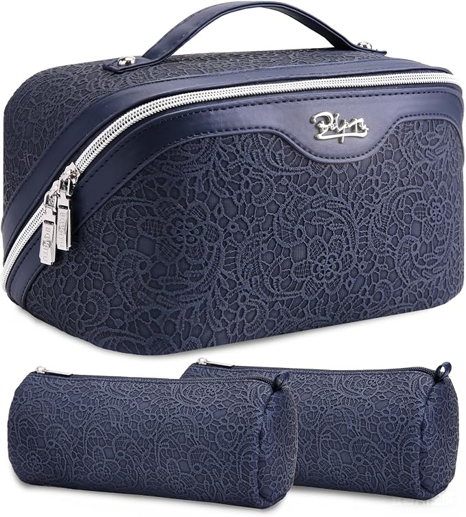 BOYATU Travel Makeup Bags Cosmetic Organizer Bag: 3 Pcs Set Large Capacity Make up Bag with Compartments - Waterproof Leather Toiletry Bags with Handle for Women (A-Dard Blue) by BOYATU