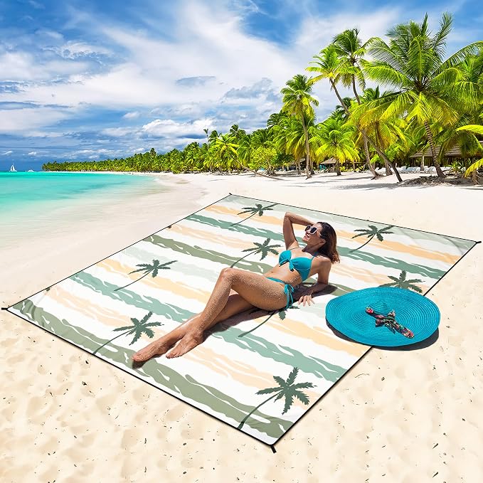HIHOHO Beach Blanket Waterproof Sandproof Beach Mat 79”x 83” for 1-8 Adults Quick Drying Durable Outdoor Picnic Mat for Beach Festival Travel Camping Hiking (Stripes Cocotree-YL&GN, 79"×83"(4 Person)) - Image 2