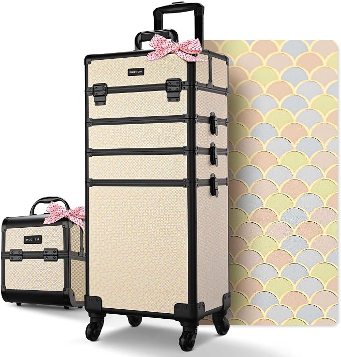 BYOOTIQUE 4in1 Cosmetology Case on Wheels w/Cosmetic Storage Makeup Artist | Aluminum Rolling Makeup Suitcase 360° Detachable Wheel Lockable Makeup Case Organizer w/ Mirror Nail Tech AD Pastel by BYOOTIQUE