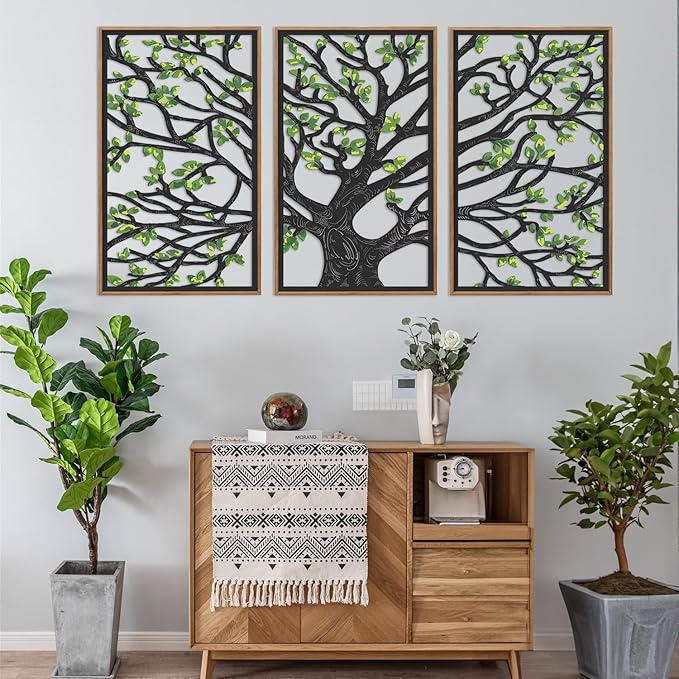 CHDITB Wooden Tree of Life Framed Wall Art(Set of 3, 16"x32"), 3 Panel Rustic Birch Green Leaves Hollow Laser Cut Artwork Decor, Modern Family Tree Wall Sculpture for Living Room Bedroom