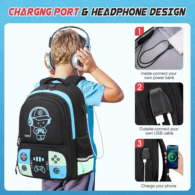 Bevalsa Backpack for School Boys, Cool Luminous Gamer Boys Schoolbag with Lunch Box & Pencil Case Set for Kids Teens Elementary Middle School, Bookbag Glow In The Dark(Blue Green Backpack) - Image 5