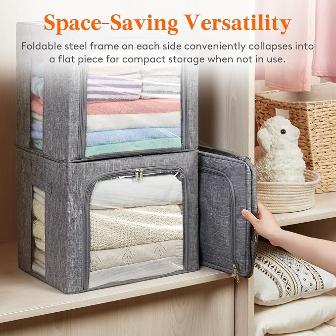 Lifewit Clothes Storage Bins with Metal Frame, Stackable Storage Box, Foldable Clothing Storage Bins with Lids, 40L Storage Bags Fabric Box Organizer with Clear Window＆ Zippers＆ Sturdy Handles 12 Pack - Image 6