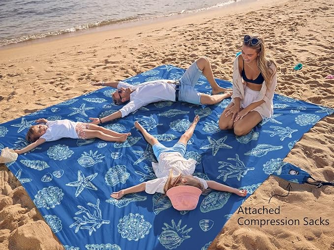 WEKAPO Beach Blanket Waterproof Sandproof Oversized, Extra Large Beach Mat Sand Free, Lightweight & Compact Sand Free Mat with 5 Stakes & 4 Corner Pockets - Image 3