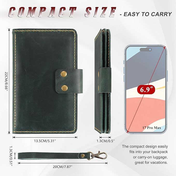 Handmade Genuine Leather Family Passport Holder | Travel Document Organizer Holds 4 Passports | Vintage Wristlet Wallet with Credit Card Slots (Green) - Image 2