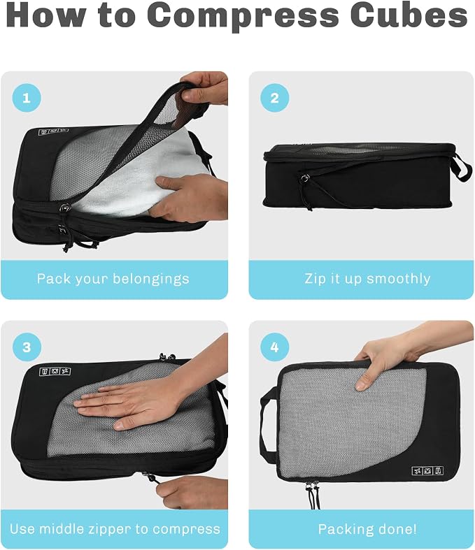 Hynes Eagle 6 Set/ 4 Set/ 2 Set Compression Packing Cubes Travel Essentials Lightweight Nylon Luggage Suitcase Organizer Bag Black 2PCS - Image 6