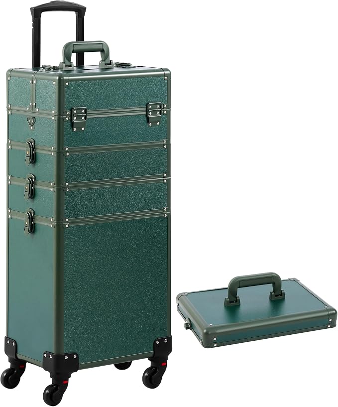 Somduy Makeup Train Case, Rolling Makeup Case with Lid, 5 in 1 Cosmetology Case on Wheels, Christmas Gift, Large Makeup Case Organizers, Profesional Cosmetic Case for Salon Barber, Green - Image 8