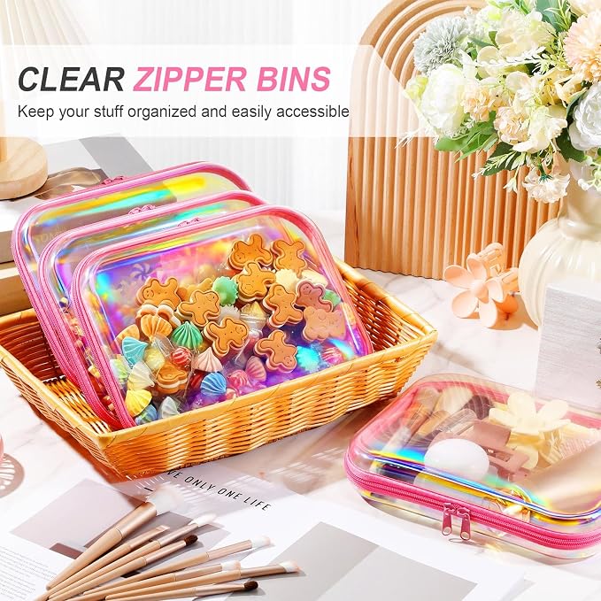 Hoolerry 4 Pcs Hard Clear Zipper Case Makeup Bags Plastic Zipper Pouch Transparent Storage Box Containers for Cosmetics, Snacks, Building Blocks, Puzzles(Clear,9.8 x 7.9 x 2 in,Pink Laser) - Image 5