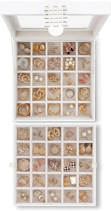 Glenor Co Earring Organizer - Classic 50 Section Jewelry Box/Case/Holder for Earrings, Rings, Necklaces, Jewelry, Cufflinks or Collections -2 Layer Small Compartments with Large Glass Top - White - Image 4