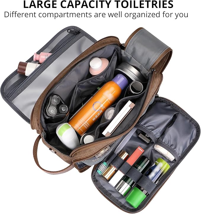 WITZMAN Canvas Toiletry Bag for Men Travel Toiletries Large 7L Dopp Kit | Multi-pockets with Dry-wet Pocket, Side Handle for Hanging, Lightweight, For Daily Use, Bathroom, Make up, A8002 Brown - Image 4