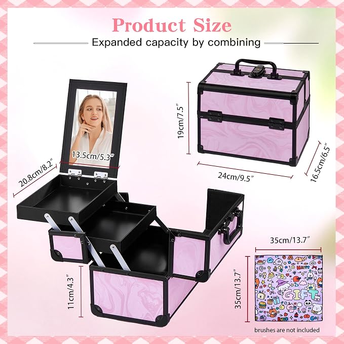 Makeup Train Case, Portable Makeup Case with Mirror, 2-Trays Cosmetic Organizer Case,Nail Polish Organizer, Travel Makeup Box, Profesional for Salon Barber, Pattern Black Pink - Image 3