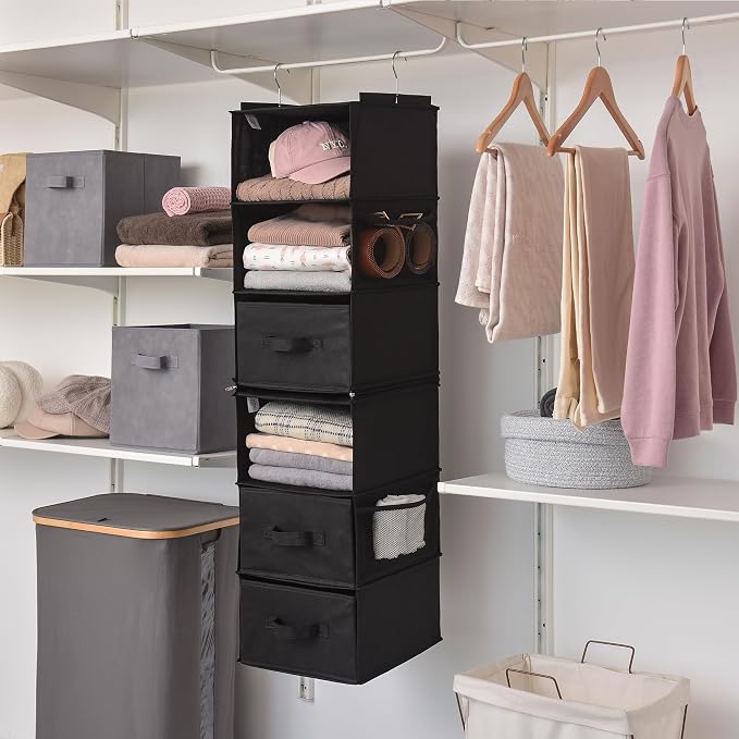 GRANNY SAYS 6-Shelf Hanging Closet Organizers and Storage, Separable to 2 Pack 3-Shelf Closet Hanging Organizer with 3 Drawers, 4 Side Pockets Hanging Shelves for Closet, Nursery, Black - Image 5