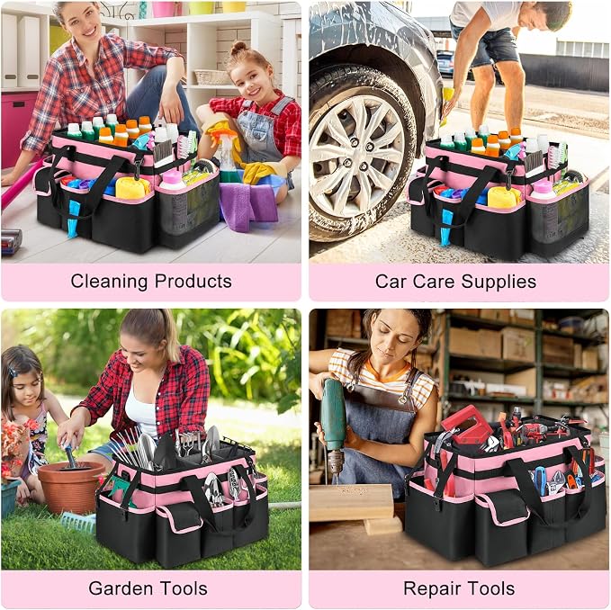 Cleaning Caddy,Large Cleaning Bags for Housekeepers,Cleaning Supplies Organizer with Handle,Pink - Image 6