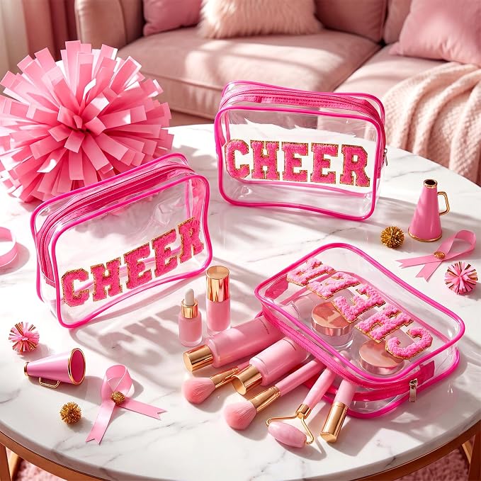 Kacctyen 12 Pack Cheer Clear Makeup Bags Bulk with Chenille Cheer Letter Patch Small Waterproof Cosmetic Pouch Zipper Travel Toiletry Bag Organizer for Women Girls Cheerleading Team Gift, Hot Pink - Image 4