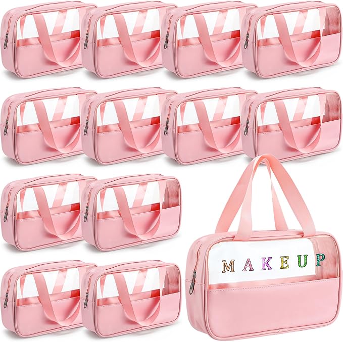 Buryeah 12 Pcs Translucent Make up Bag Toiletry Organizer for Women Men Waterproof Portable Cosmetic Travel Bag with Hanging Handles Travel Storage Carry Pouch Gifts for Bridesmaid (Pink) by Buryeah