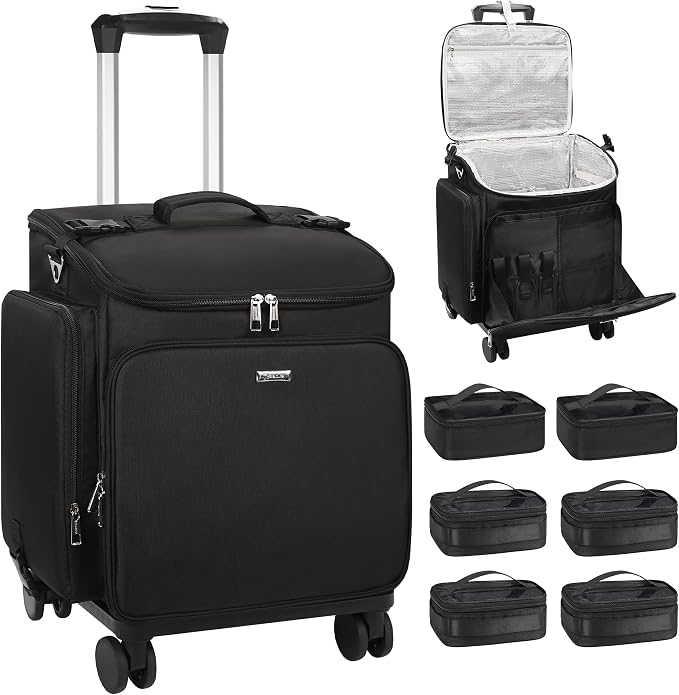 Relavel Rolling Makeup Case, Hair Tools Travel Bag Cosmetology Case on Wheels with 6 Clear Bags, Professional Hairstylist Bag Makeup Artist Storage Train Case Barber Organizer with 360° Spinner Wheels by Relavel