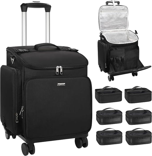 Relavel Rolling Makeup Case, Hair Tools Travel Bag Cosmetology Case on Wheels with 6 Clear Bags, Professional Hairstylist Bag Makeup Artist Storage Train Case Barber Organizer with 360° Spinner Wheels by Relavel