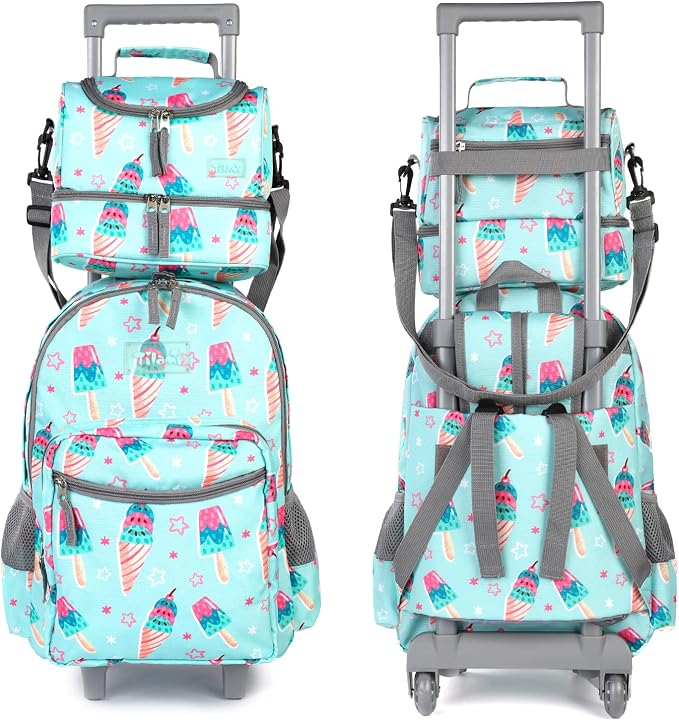 Tilami Rolling Backpack 18 inch Double Handle with Lunch Bag Wheeled Kids Backpack for Girls and Boys, Icecream Green - Image 2