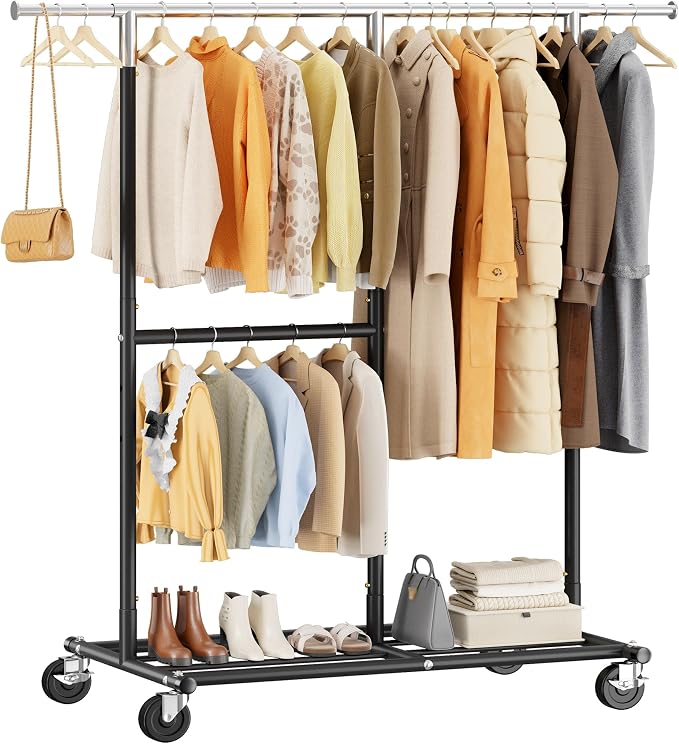 Raybee 72" H Rolling Clothes Rack, 450 LBS Clothing Rack with Sturdy Wheels, Double Rod Metal Garment Rack for Bedroom, Laundry Room, Halway, Commercial, Black by Raybee
