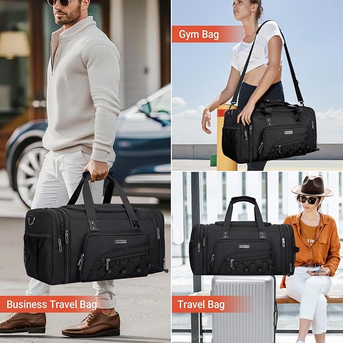 WITZMAN Mens Duffle Bag Expandable 50L Travel Gym with Shoe Compartment | Nylon, Large, With Dry-wet Pocket, Fits 16" Laptop, Carry-on Bag, For Sports Weekender Overnight, B695 Black - Image 2