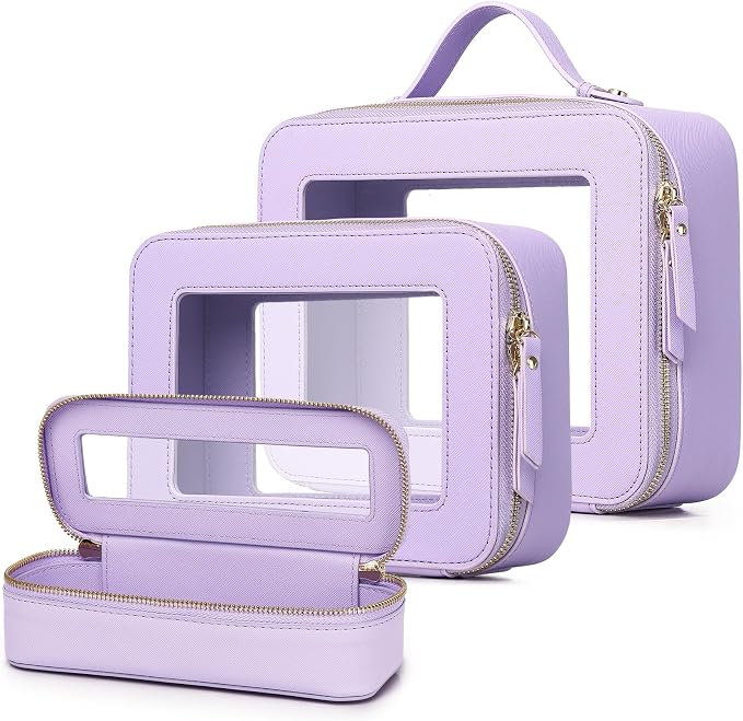 Travel Makeup Set, Purple, L+M+SLIM | Waterproof, Transparent Cosmetic Bag, Toiletry Bag, Makeup Brush Case with Zipper, Car Essentials for Women by LOFOWN