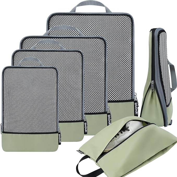 BAGAIL 4 Set/6 Set/8 Set Compression Packing Cubes Travel Accessories Expandable Packing Organizers (Half Mesh, 6-Matcha Green) by BAGAIL