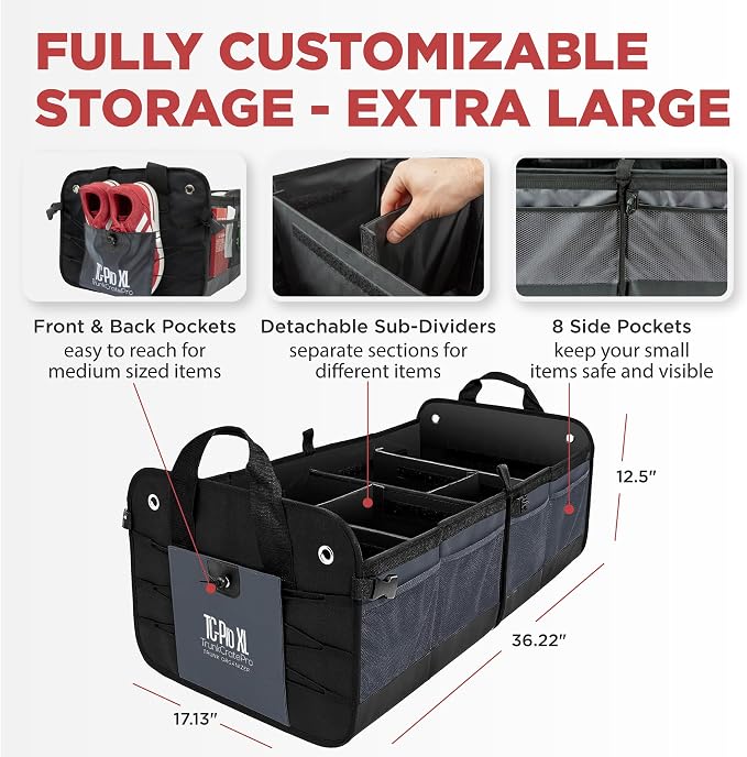 Car Trunk Organizer for SUV, Truck & Auto Cargo Storage, Foldable, Grey, XL | Fits Cars, SUVs & Trucks • 6 Adjustable Compartments • Non-Slip Base & Straps • XLCargo Storage • 11 Pockets • Travel Use - Image 2