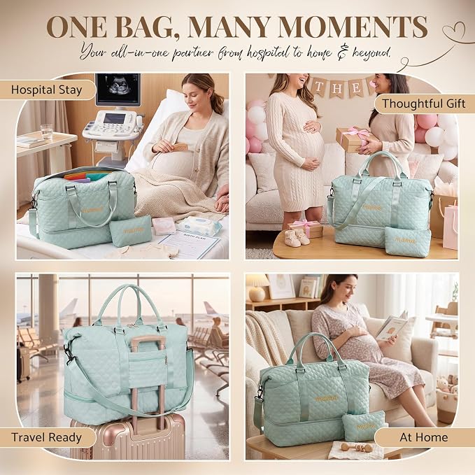 Dansydaisy Mama Hospital Bag for Women Labor Delivery Travel Duffle Bag with Shoe Compartment and Toiletry Pouch Waterproof Letter Embroidered for Pregnancy Weekender Overnight Gym Gift, Green - Image 7